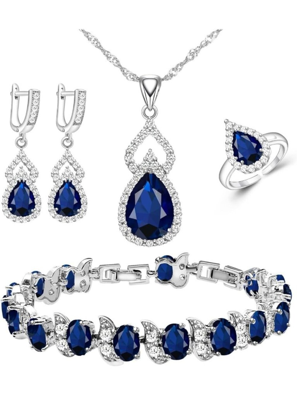 Elegant Platinum Plated Jewelry Set - Necklace, Ring, Earrings & Bracelet Gift